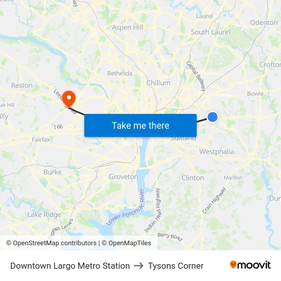 Downtown Largo Metro Station to Tysons Corner map