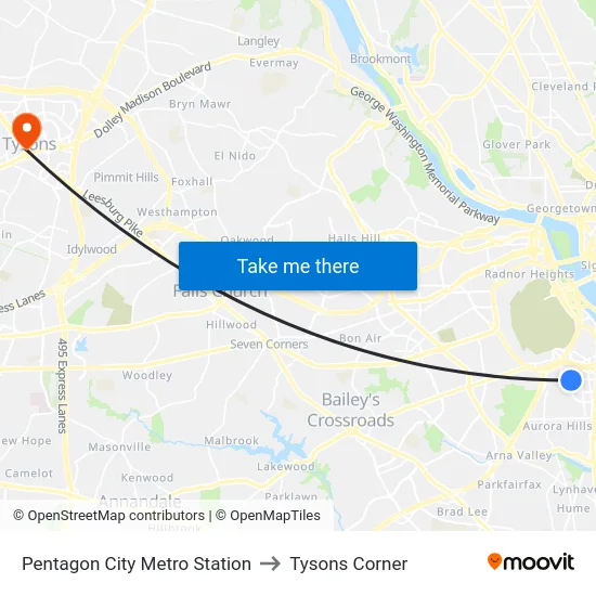 Pentagon City Metro Station to Tysons Corner map