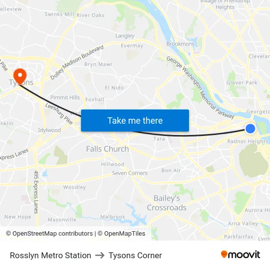 Rosslyn Metro Station to Tysons Corner map