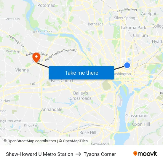 Shaw-Howard U Metro Station to Tysons Corner map
