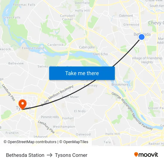Bethesda Station to Tysons Corner map