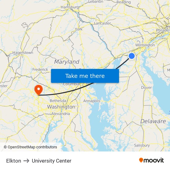 Elkton to University Center map