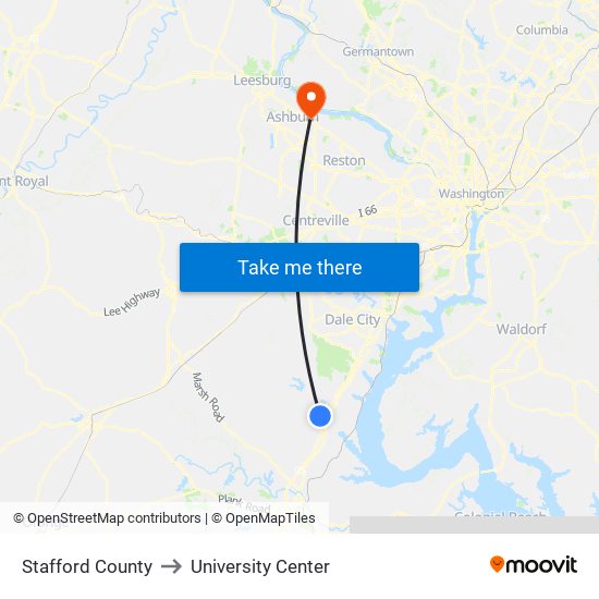 Stafford County to University Center map