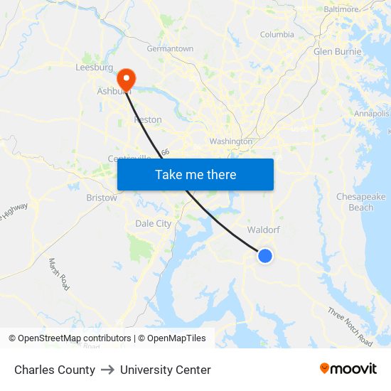 Charles County to University Center map