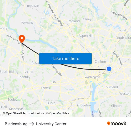 Bladensburg to University Center map