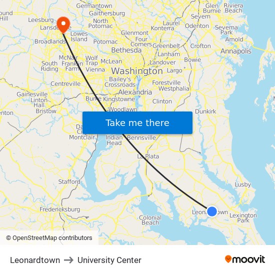 Leonardtown to University Center map