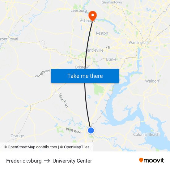 Fredericksburg to University Center map