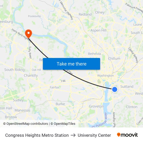 Congress Heights Metro Station to University Center map