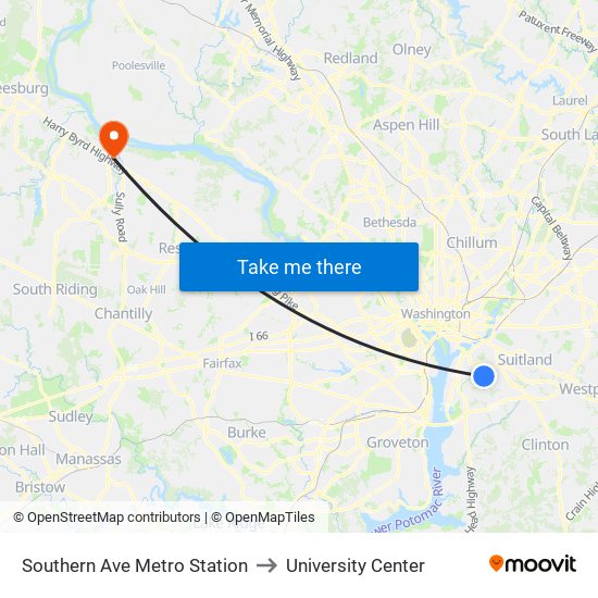 Southern Ave Metro Station to University Center map