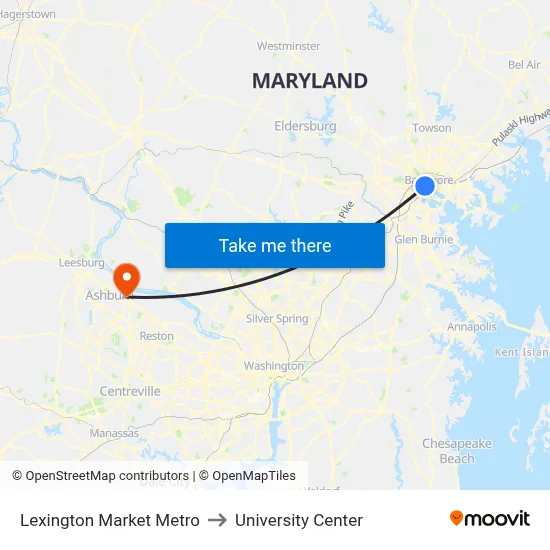 Lexington Market Metro to University Center map