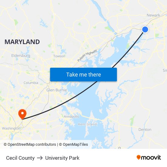 Cecil County to University Park map