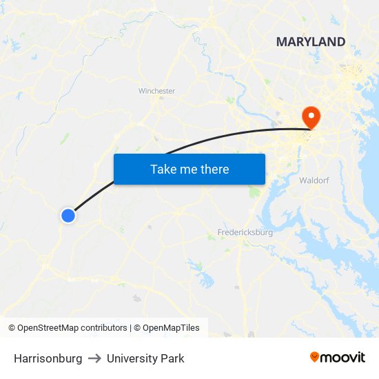 Harrisonburg to University Park map