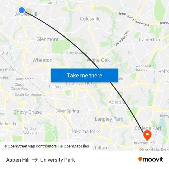 Aspen Hill to University Park map