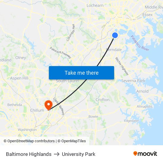 Baltimore Highlands to University Park map