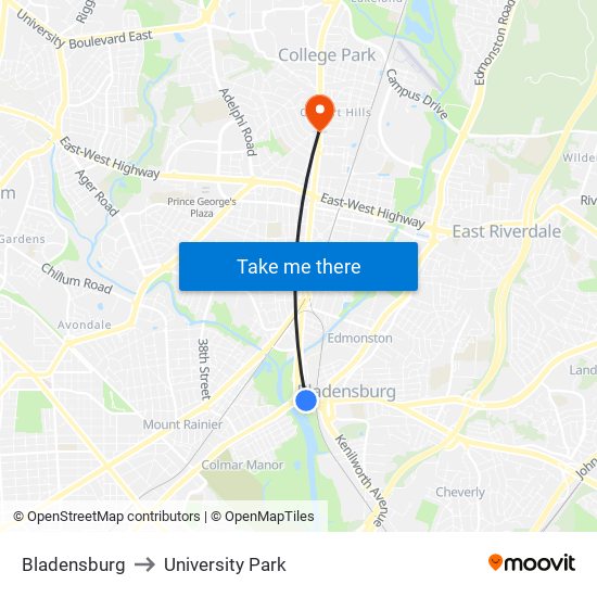 Bladensburg to University Park map