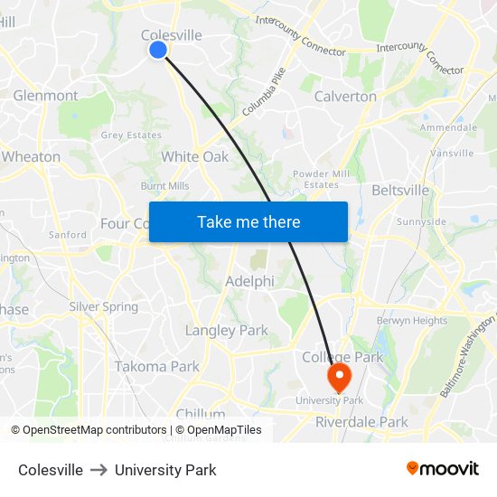 Colesville to University Park map