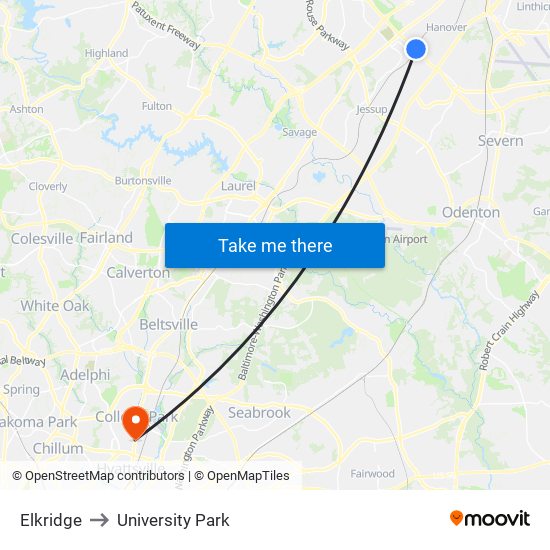 Elkridge to University Park map