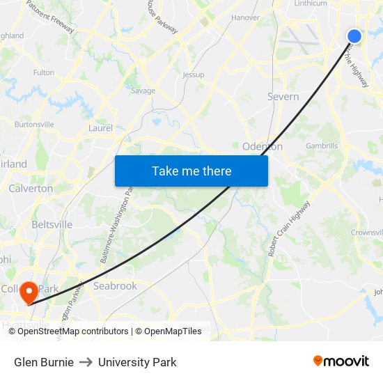 Glen Burnie to University Park map