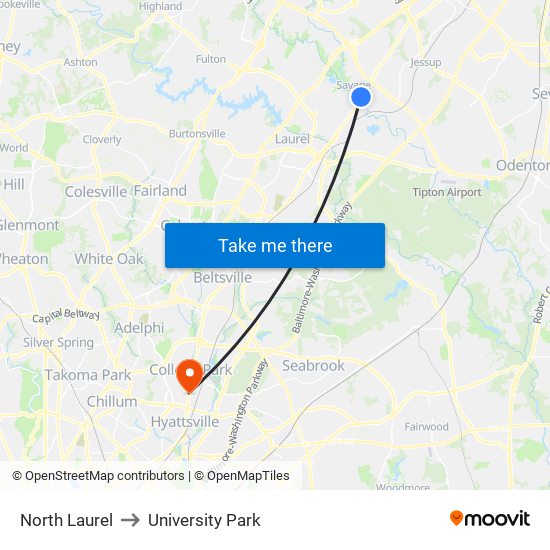 North Laurel to University Park map