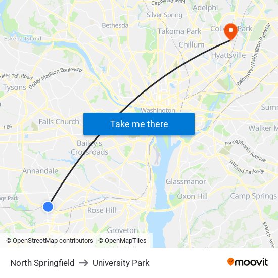 North Springfield to University Park map