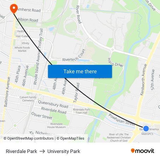 Riverdale Park to University Park map