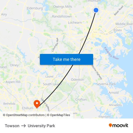 Towson to University Park map