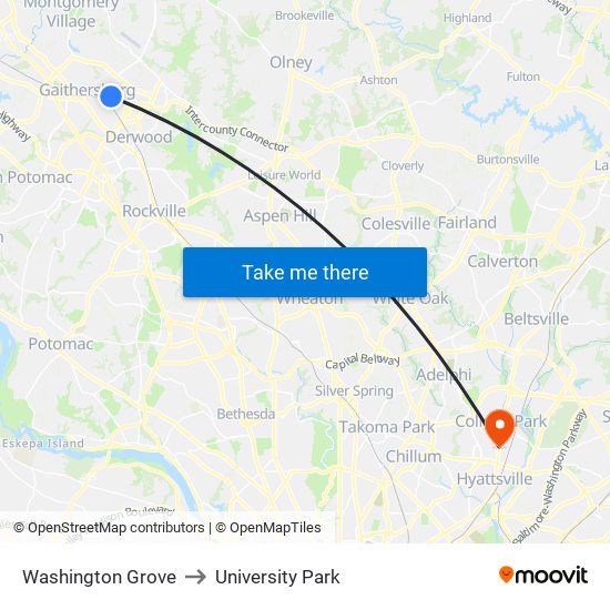 Washington Grove to University Park map