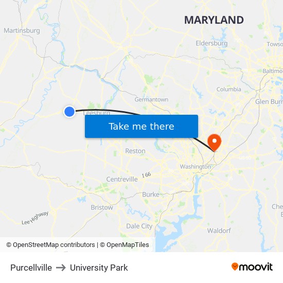 Purcellville to University Park map