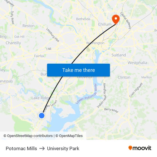 Potomac Mills to University Park map