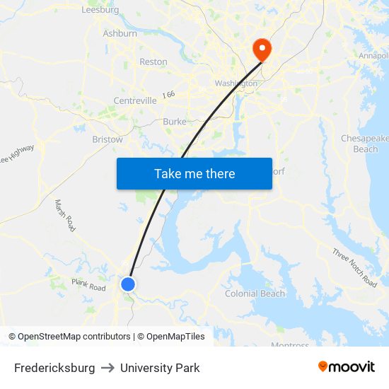 Fredericksburg to University Park map