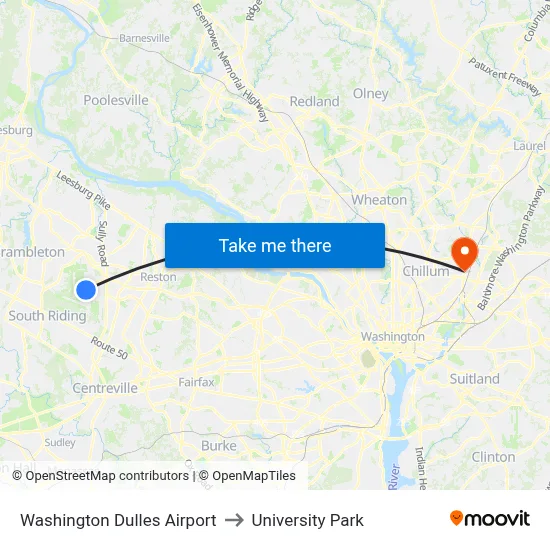 Washington Dulles Airport to University Park map