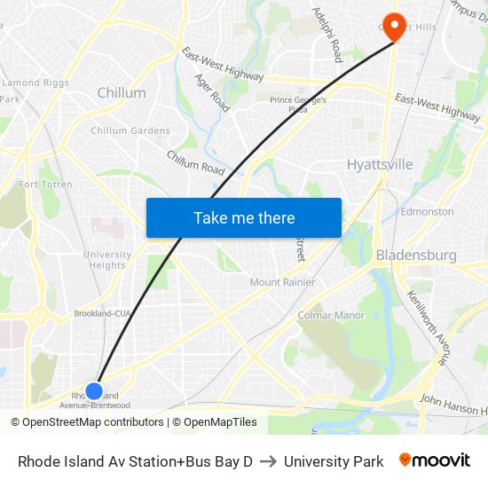 Rhode Island Ave-Brentwood+Bay D to University Park map
