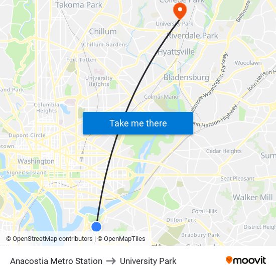 Anacostia Metro Station to University Park map