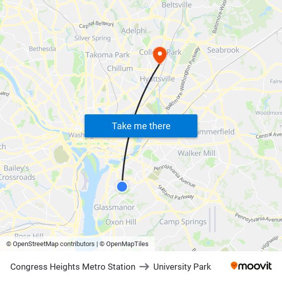 Congress Heights Metro Station to University Park map