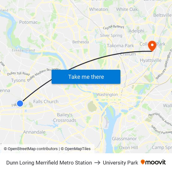 Dunn Loring Merrifield Metro Station to University Park map