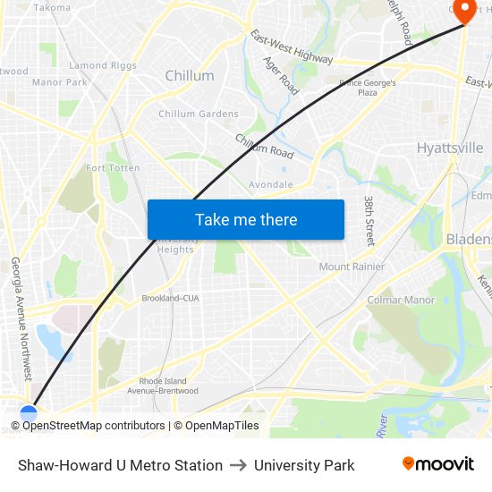 Shaw-Howard U Metro Station to University Park map