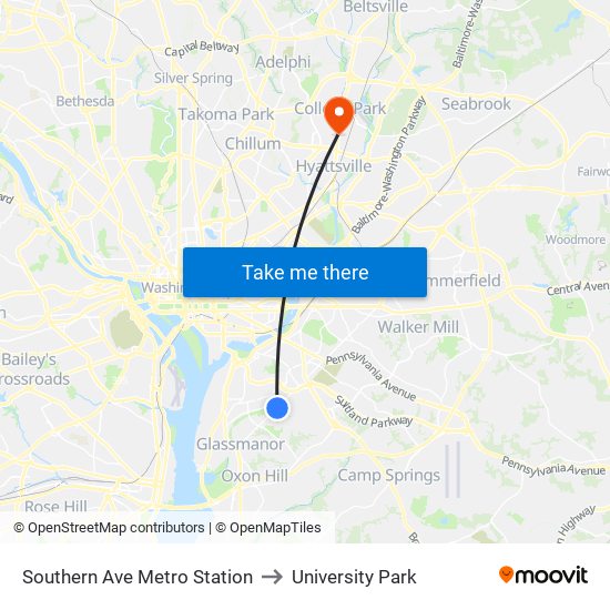 Southern Ave Metro Station to University Park map