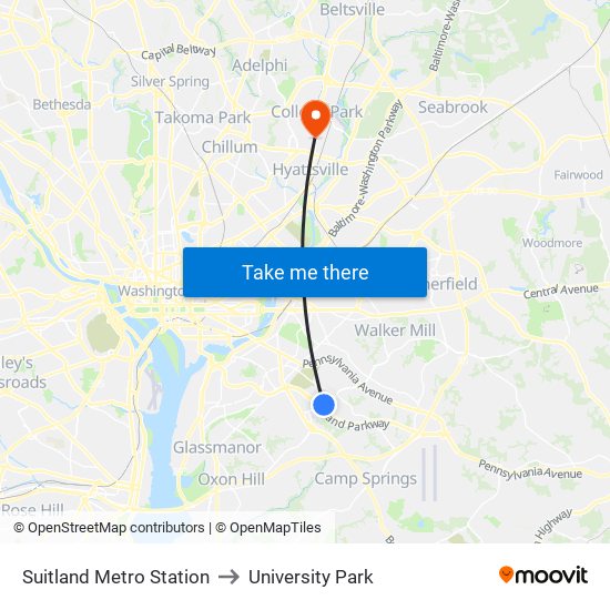 Suitland Metro Station to University Park map