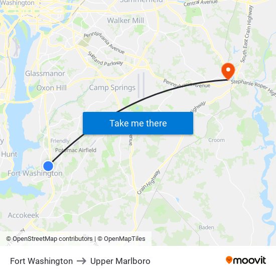 Fort Washington to Upper Marlboro map