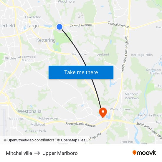 Mitchellville to Upper Marlboro map