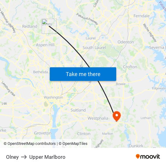 Olney to Upper Marlboro map