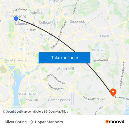 Silver Spring to Upper Marlboro map