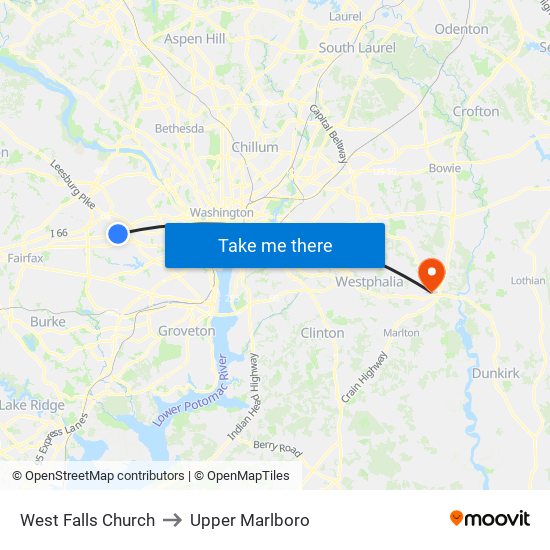 West Falls Church to Upper Marlboro map