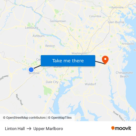 Linton Hall to Upper Marlboro map