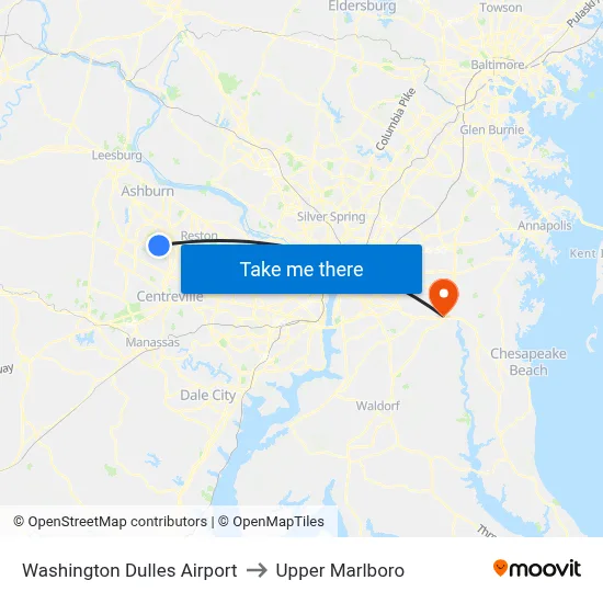Washington Dulles Airport to Upper Marlboro map