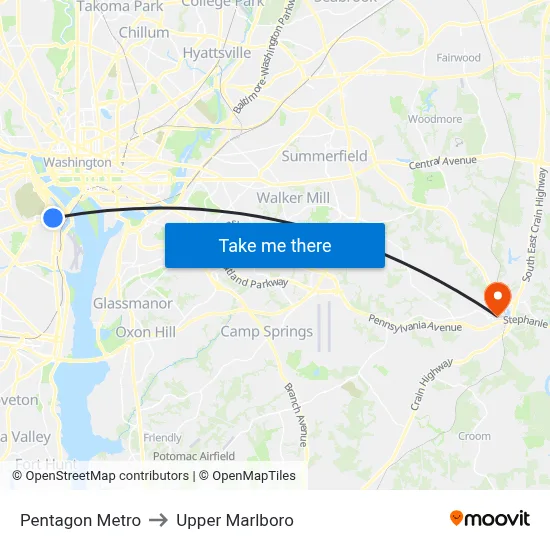 Pentagon Metro to Upper Marlboro map