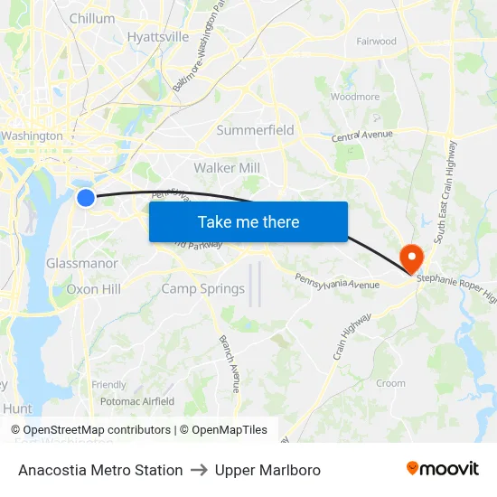 Anacostia Metro Station to Upper Marlboro map