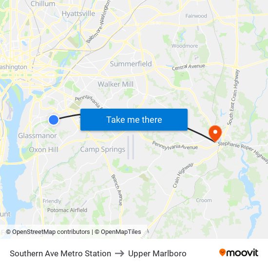 Southern Ave Metro Station to Upper Marlboro map