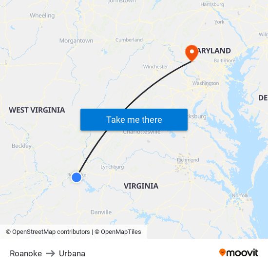 Roanoke to Urbana map