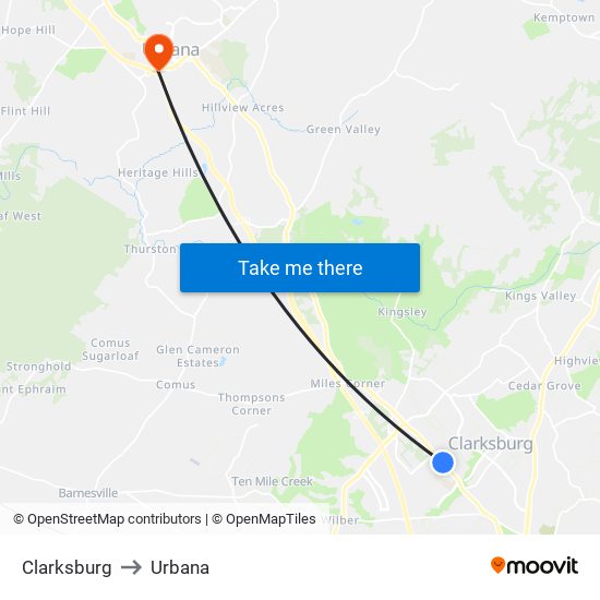 Clarksburg to Urbana map